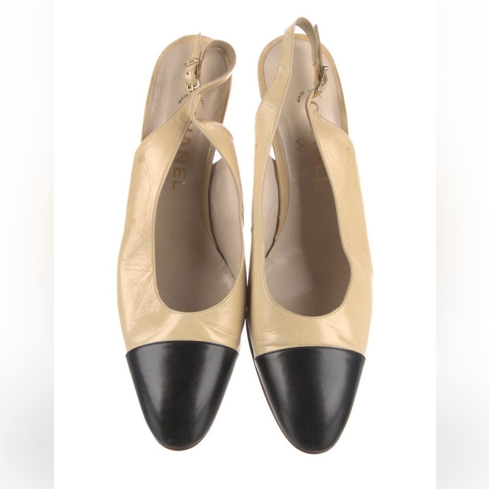 CHANEL Beige and Black Slingback Captoe Heels - Picture 6 of 6
